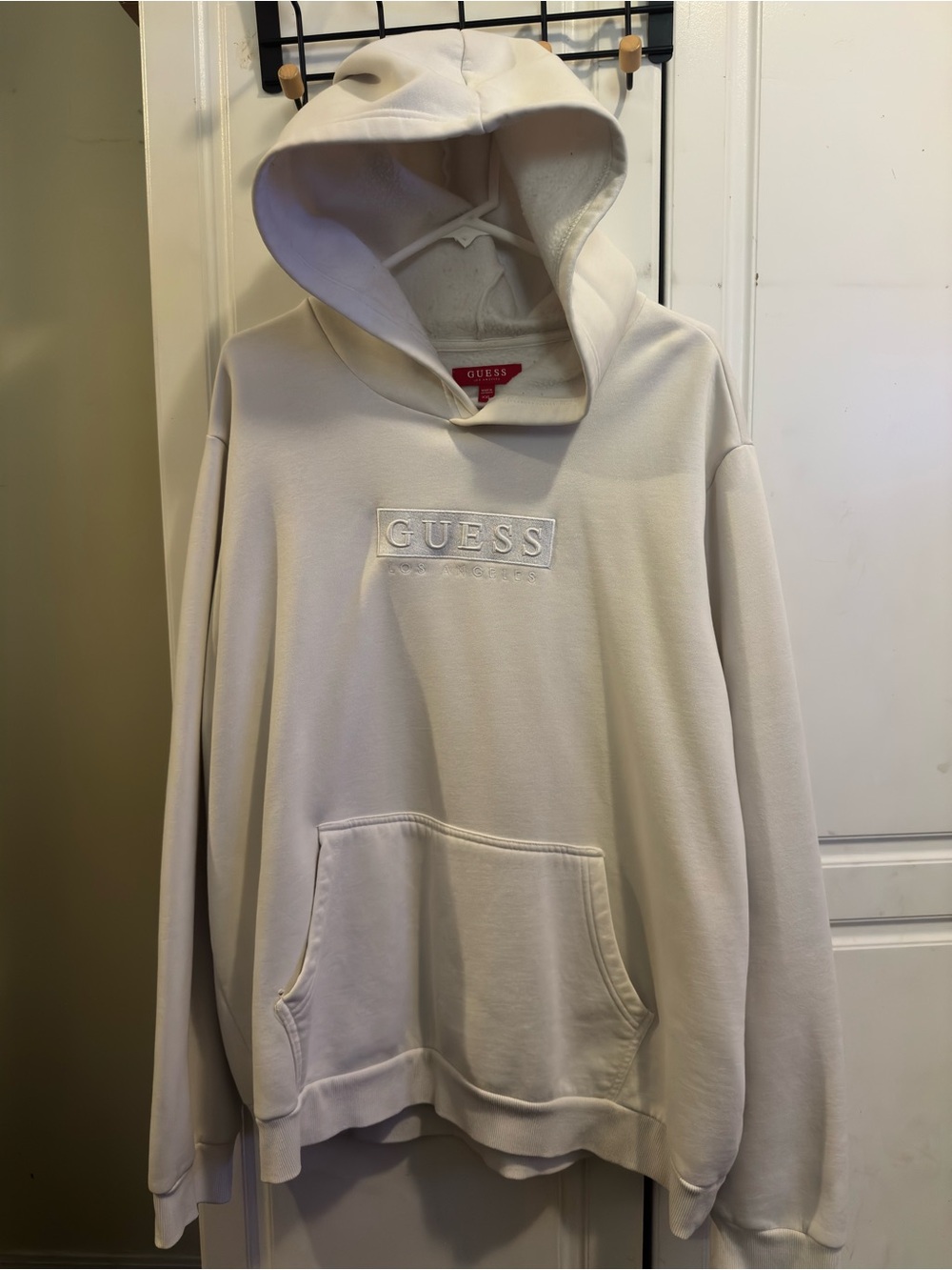 GUESS Men's Cream Pullover Hoodie with Embossed Logo